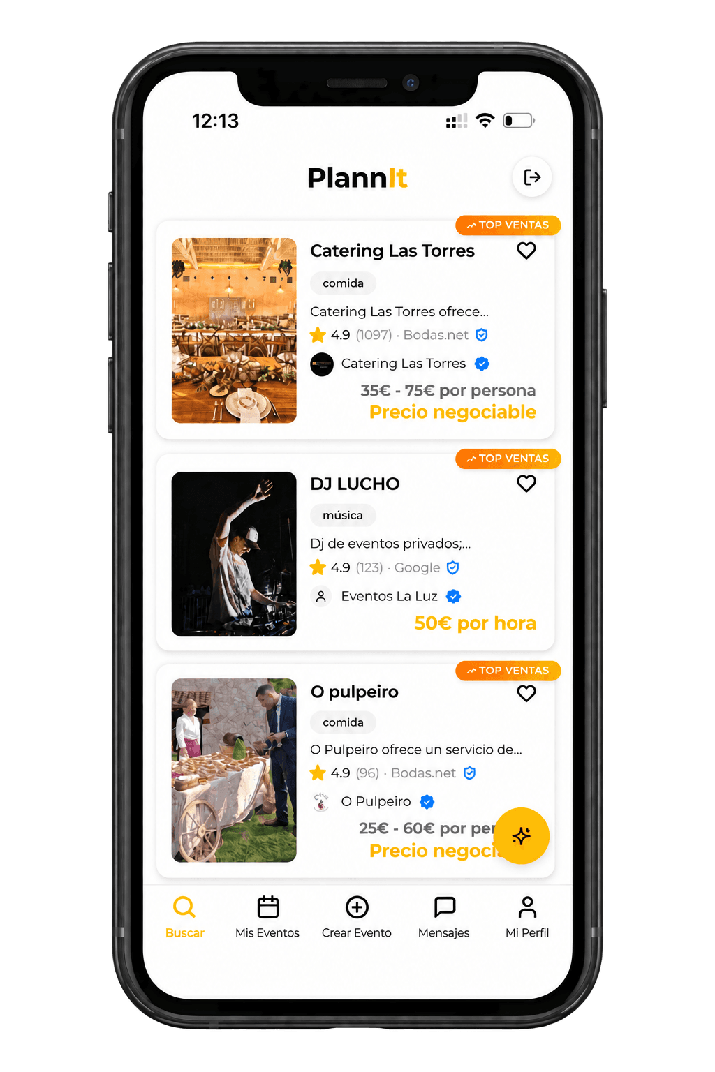 Listado real de servicios en la App de PlannIt