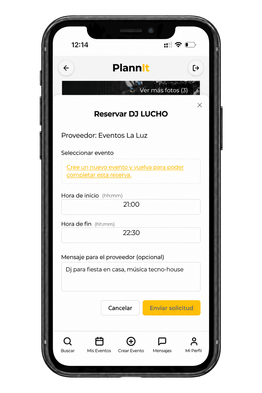 Formulario real de solicitud de reserva en la App de PlannIt